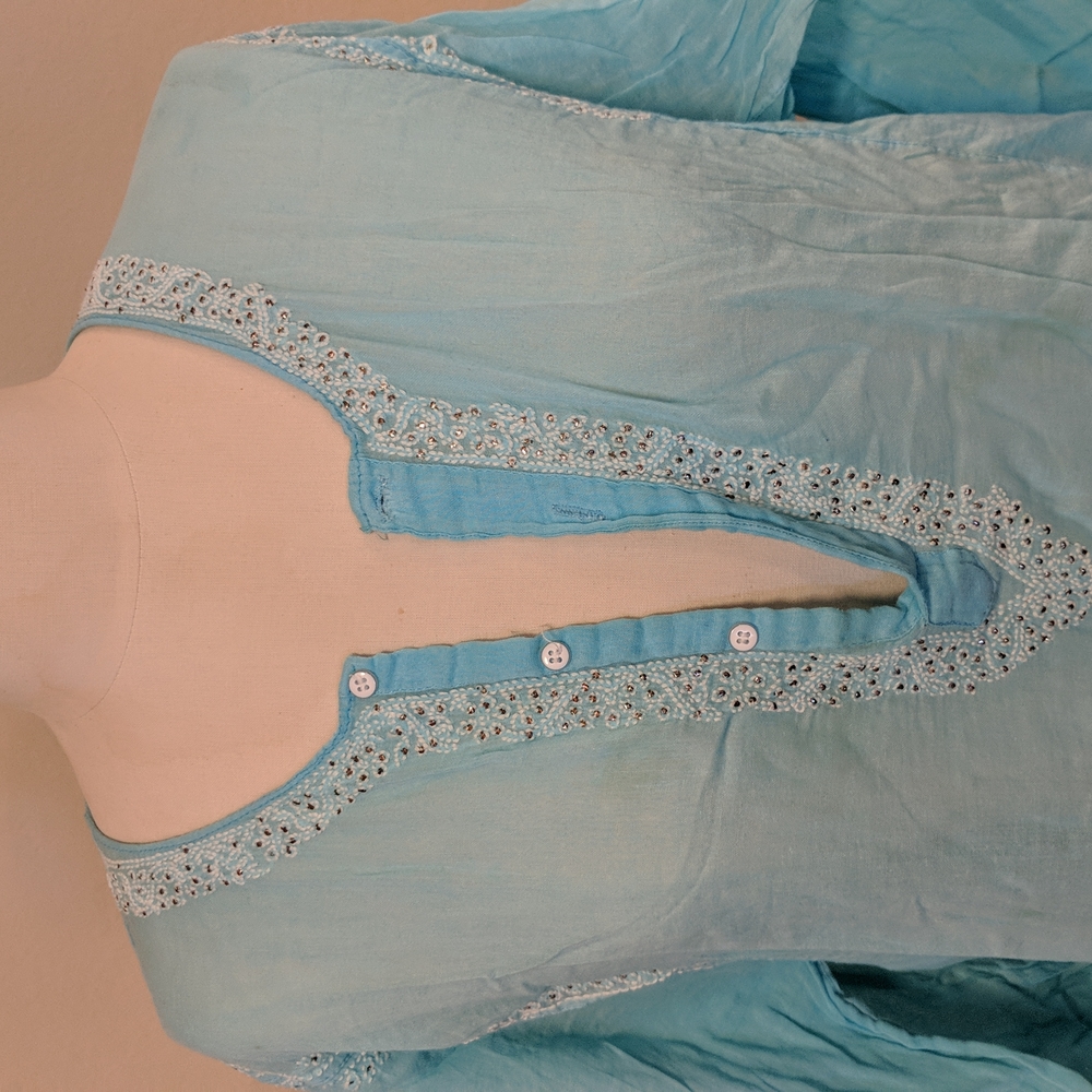 Turquoise sheer tunic, embroidery and glittery crystals